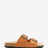 Women's flat leather sandal in cognac