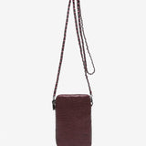 Women's metallic mesh mobile phone bag in burgundy