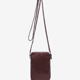 Women's metallic mesh mobile phone bag in burgundy