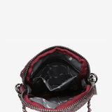 Women's metallic mesh mobile phone bag in burgundy