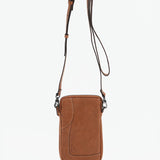 Women's leather mobile phone bag in cognac