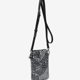 Mobile phone bag in metallic mesh with tropical print in black