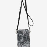 Mobile phone bag in metallic mesh with tropical print in black