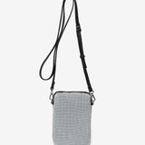 Mobile phone bag in metallic mesh with tropical print in black