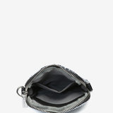 Mobile phone bag in metallic mesh with tropical print in black