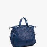 Women's leather bowling bag with braiding in blue