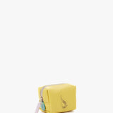 Small women's leather toiletry bag with yellow die-cut logo