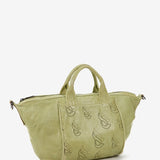 Women's bowling bag in green die-cut leather