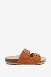 Women's flat sandal in cognac suede