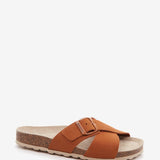 Women's flat buckle sandal in cognac