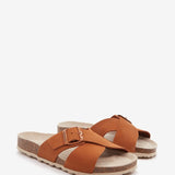 Women's flat buckle sandal in cognac