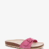 Flache Damen-Sandale mit Schnalle in Fuchsia.