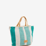 Small raffia basket with white and turquoise striped print