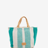 Small raffia basket with white and turquoise striped print