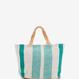 Small raffia basket with white and turquoise striped print