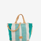 Small raffia basket with white and turquoise striped print