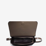 Small patent leather crossbody bag in taupe