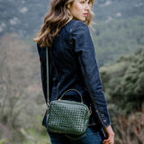 Braided leather shoulder bag in green