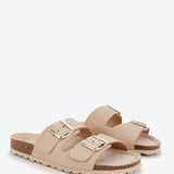 Women's flat leather sandal in beige