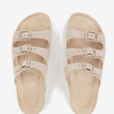 Women's flat leather sandal with triple buckle in beige