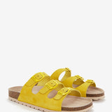 Women's flat leather sandal with triple buckle in yellow