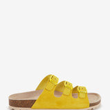 Women's flat leather sandal with triple buckle in yellow