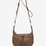 Crossbody bag with tassel in recycled materials taupe