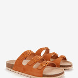 Women's flat leather sandal with triple buckle in cognac