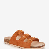 Women's flat leather sandal with triple buckle in cognac