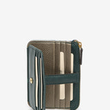 Geldbörse-Kartenetui aus grünem Leder.