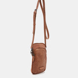 Mobile phone bag in cognac die-cut leather