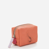 Small women's leather toiletry bag with orange die-cut logo