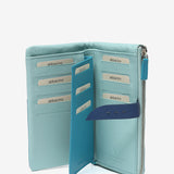 Large leather wallet in blue tones