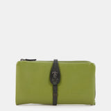 Large green leather wallet.