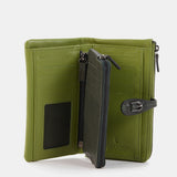 Large green leather wallet.