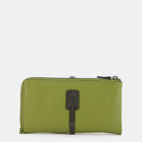 Large green leather wallet.