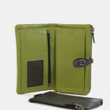 Large green leather wallet.