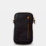 Borsa porta cellulare in pelle nera.