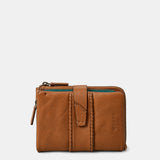 Piccola borsa da donna in pelle color cognac.