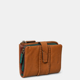 Piccola borsa da donna in pelle color cognac.