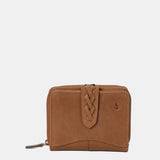 Piccola borsa da donna in pelle color cognac.