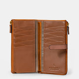 Grande portafoglio da donna in pelle color cognac.