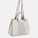Handtasche aus recyceltem Material in Weiß mit Durchbrüchen.