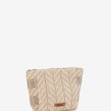 Kosmetiktasche mit grauem Muster.
