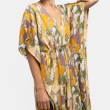 Viscose kaftan with abstract print in amber