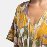 Viscose kaftan with abstract print in amber
