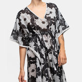 Black and white floral print cotton caftan
