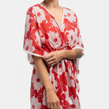 Cotton caftan with white and red floral print
