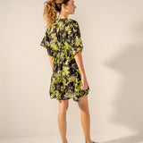 Caftano in cotone con stampa floreale nera