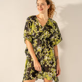 Caftano in cotone con stampa floreale nera